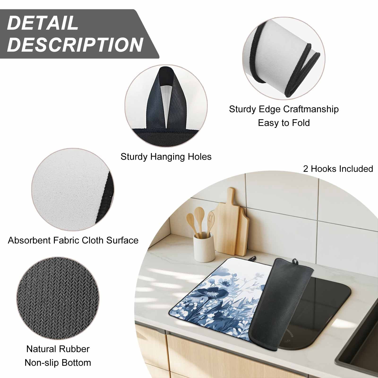 Navy Blue Flowers Stove Top Cover for Electric Stove, Heat-proof & Non Slip Glass Top Stove Cover Protector, Summer Pastoral Botanical Kitchen Flat Cooktop Rubber Mat 24x21 Inches