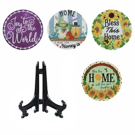 

GHUNYUN DIY Dot Diamond Placemat New And Unique Diamond Art Painting Wooden Dinner Plate Four-Piece Set For Restaurant Decoration Diameter 15cm (Color Box Packaging)-Sunflower