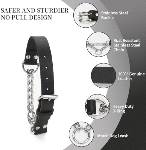 Martingale Collar for Dogs No-Pull Adjustable Training Collar with Stainless Steel Chain - Genuine Leather Anti-Slip Design for Small,Medium,Large Breed Dogs - Black (L)