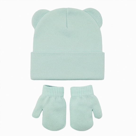 Kids Bear Ear Knit Beanie and Mitten Set,2-Piece Winter Warm Matching Accessory