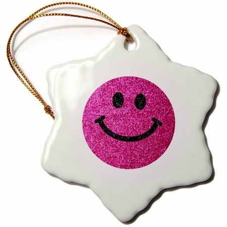 - 3dRose Retro Hot pink smiley face glittery texture graphic - not actual glitter or sparkles on funky white, Snowflake Ornament, Porcelain, 3-inch