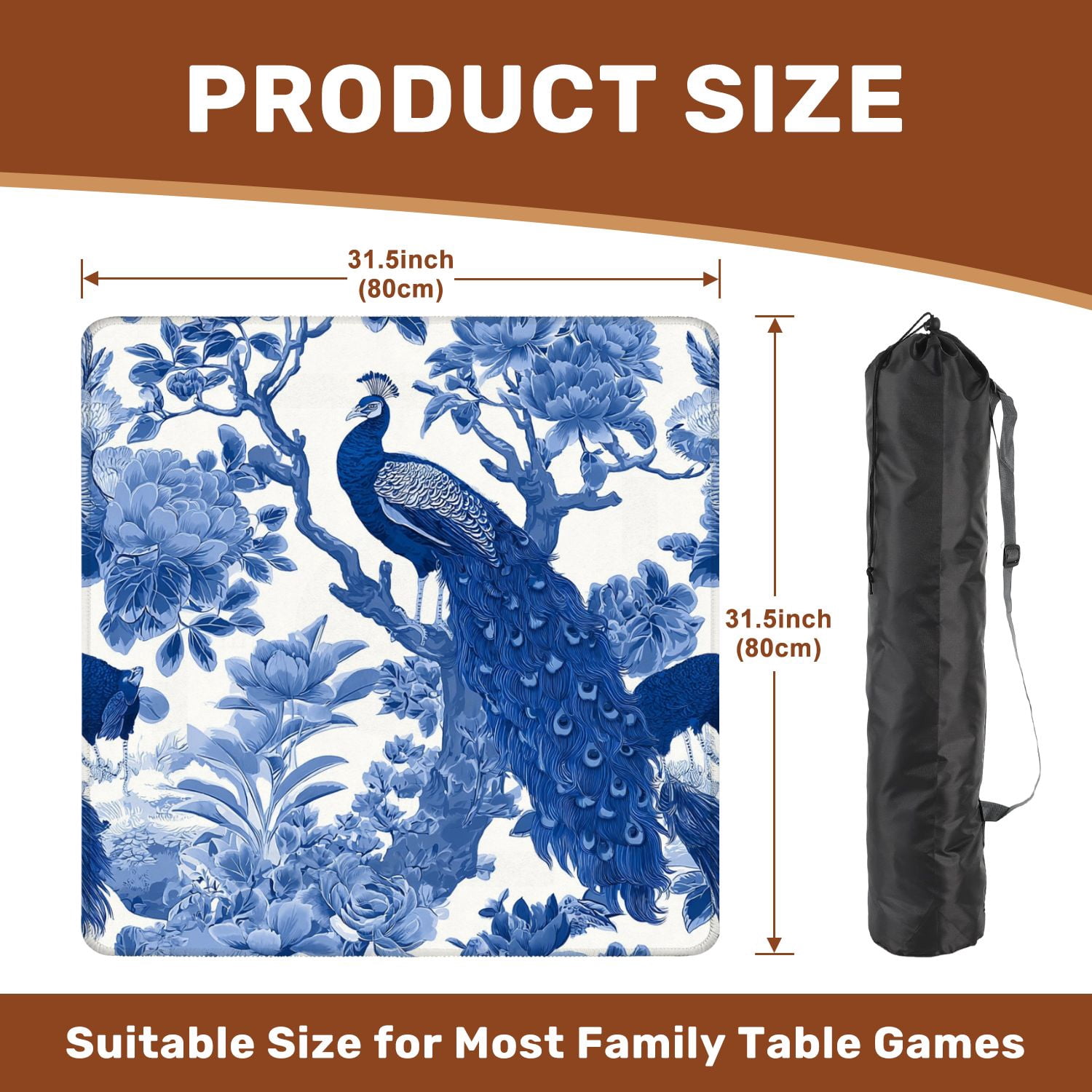 Mahjong Mat 31.5" x 31.5" Seamless chinoiserie style peacock birds peonies Non-Slip Noise Reduction American Mahjong Tiles Table Cover for Dominoes Poker Card Board Games Gift