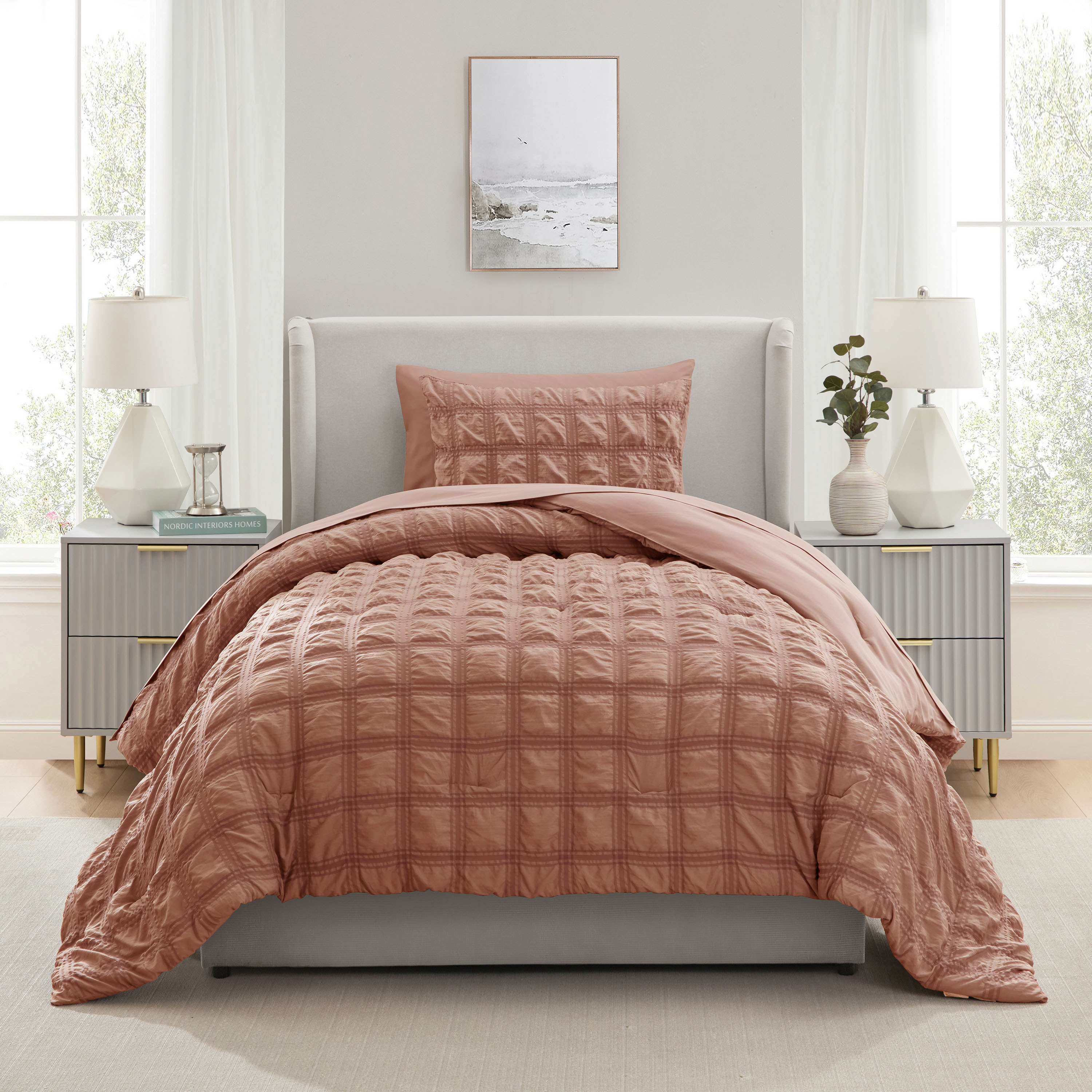 LammaLoe Twin Comforter Sets, 7 Piece Seersucker Bed in a Bag, Bedding Comforter Set with Sheets, Modern Bed Set, Mocha Brown