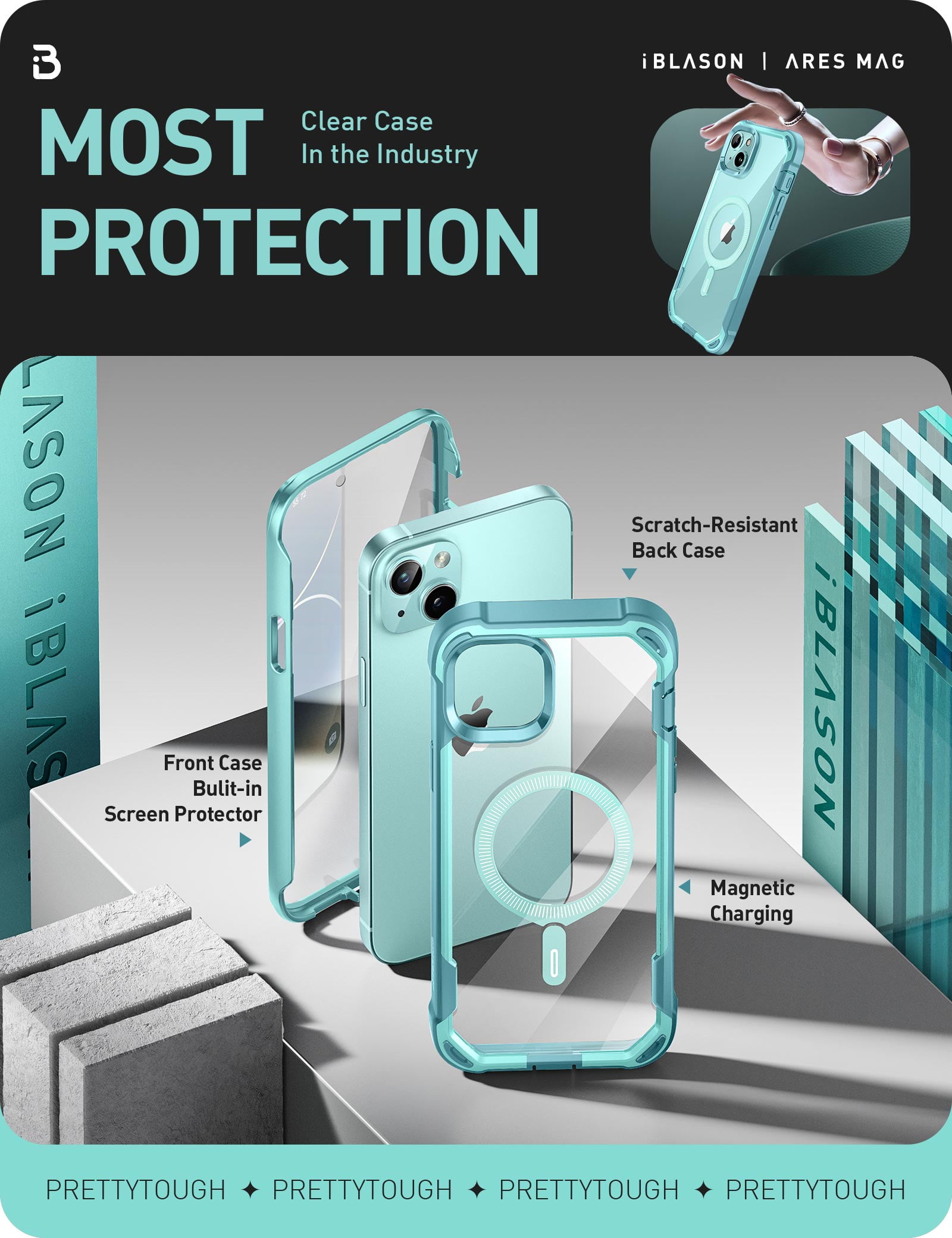 i-Blason AresMag for iPhone 15 Plus Case [6.7 inch], [MagSafe Compatible] Full-Body Dual Layer Anti-Slip Shockproof Rugged Clear Bumper Case with Built-in Screen Protector (SeaFoam)