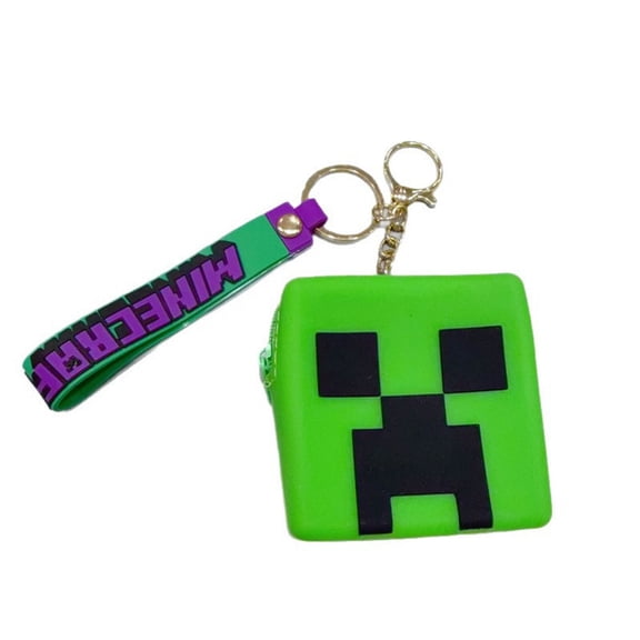 Pixel Creeper Zipper Coin Pouch & Keychain - 8-Bit Sandbox Rubber Mini Purse with Keyring & Carrying Loop for Coins, Earbuds & Keys - Compact Gamer Accessory for Backpacks & Everyday Carry