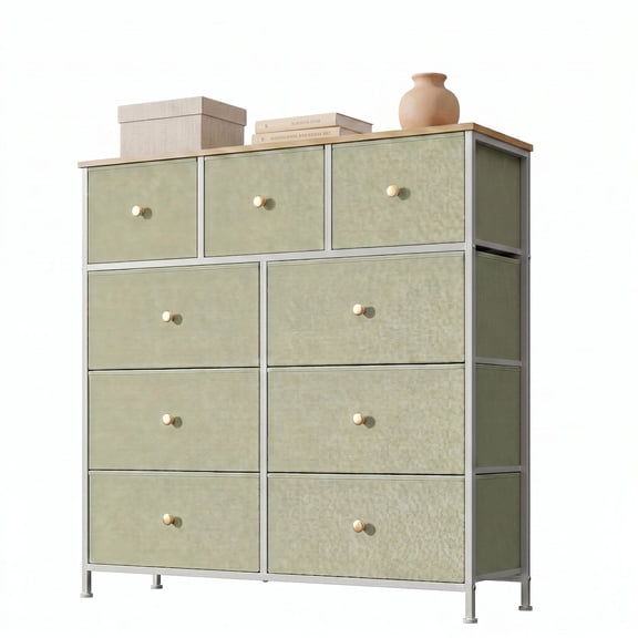 EDX 9 Drawer Dresser, Wide Chest of Drawers Nightstand Storage Tower Storage Fabric Dresser with Wood Top for Living Room, Bedroom, Hallway,Light Green