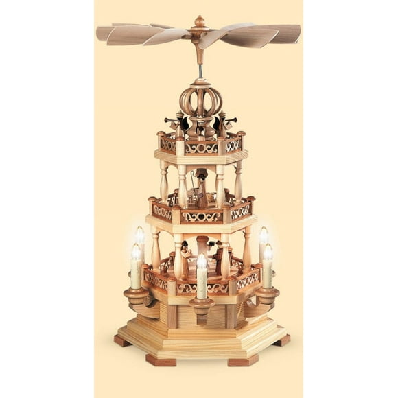 German christmas pyramid Christmas story with angels, 2-tier, height 49 cm / 19 inch, electrical illuminated and driven (120V, 50Hz for USA and Japan), natural, original Erzgebirge by Müller Seiffen