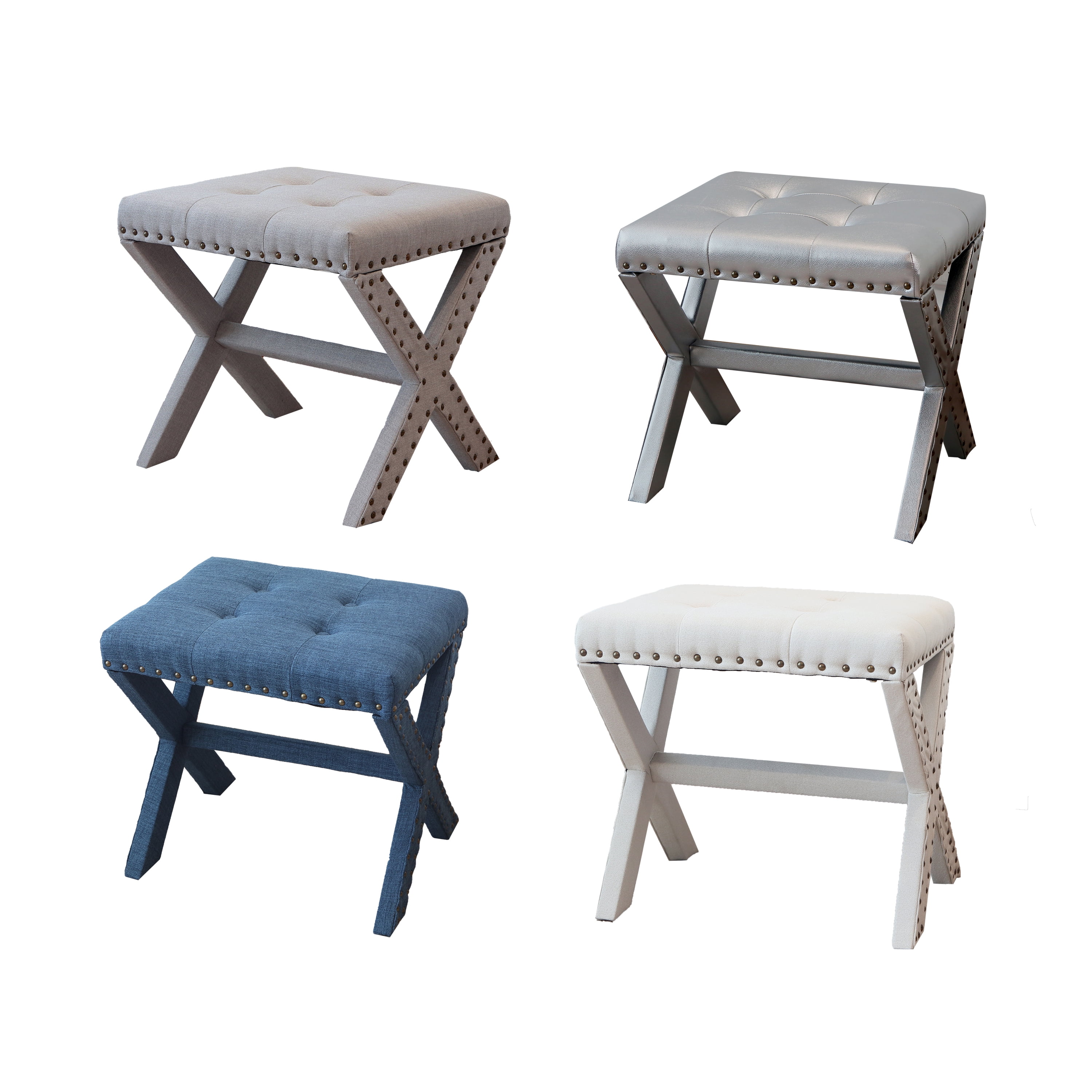 20" Chic Silver Polyester Vanity Stool with Nailhead Trim, Set of 2
