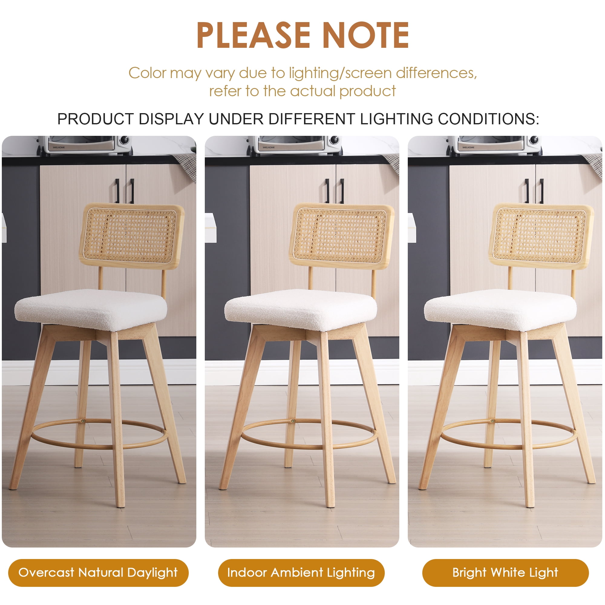 Zesthouse 26.2" Rattan Counter Stools Set of 2, Swivel Sherpa Counter Height Bar Stools with Cane Back and Wooden Legs, Mid Century Barstools for Kitchen Island, White