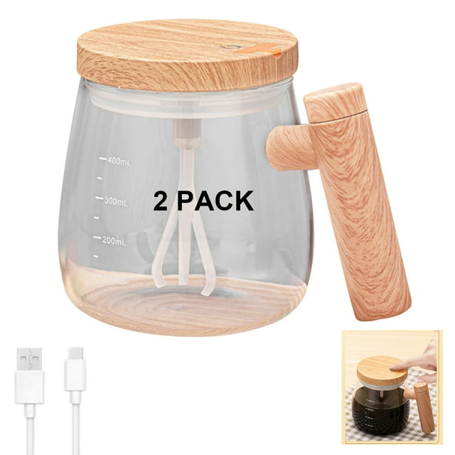 Battery-Powered 400ml Automatic Stirring Glass Mug with Wooden Accent - 1W High-Speed Electric Mixing Cup, One-Click Operation, Waterproof Design for Coffee, Home/Office/Travel Use, 2-Pack