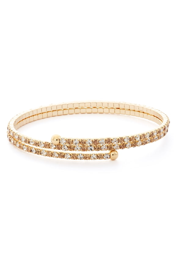 X & O Women's Double Row 14K Yellow Gold Plated Flex Bangle with Light Colorado Topaz and White Crystals
