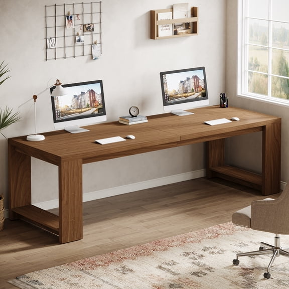 Finmind Farmhouse Computer Desk, 86.6 Inch Extra Long Desk for 2 Person, Rectangular Writing Desk for Home, Office, Living Room, Walnut