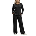 thumbnail image 6 of Large Size Hungry Ribbed Knitted Suit Women's Shoulder Button Decoration Long Sleeved Top Wide Leg Pants Two-Piece Set Black Xxl, 6 of 8