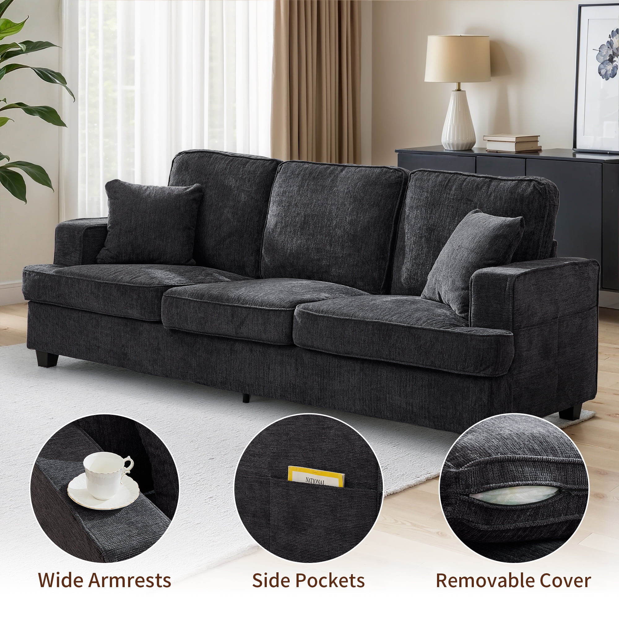 Korser 89" Chenille Sofa 3 Seater Couch with Extra Upholstered Deep Seats for Living Room,Removable Cover,Assembly Required,Grey