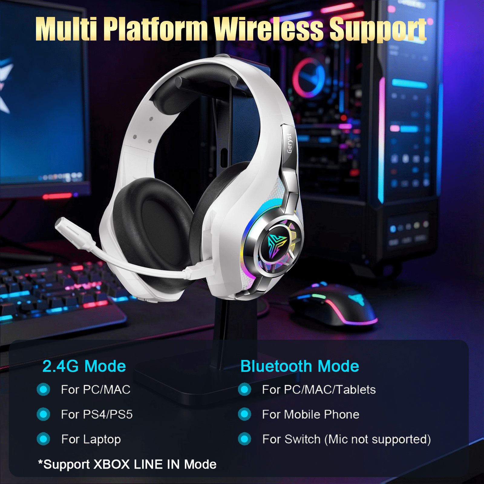 2.4GHz Wireless Gaming Headset for PS4/PS5/Xbox/Switch/PC, Bluetooth Over Ear Headphones with ENC Noise Cancelling Mic,7.1 Stereo Surround Sound, 40mm Drivers, RGB Light, 45H Battery Gaming Headphone