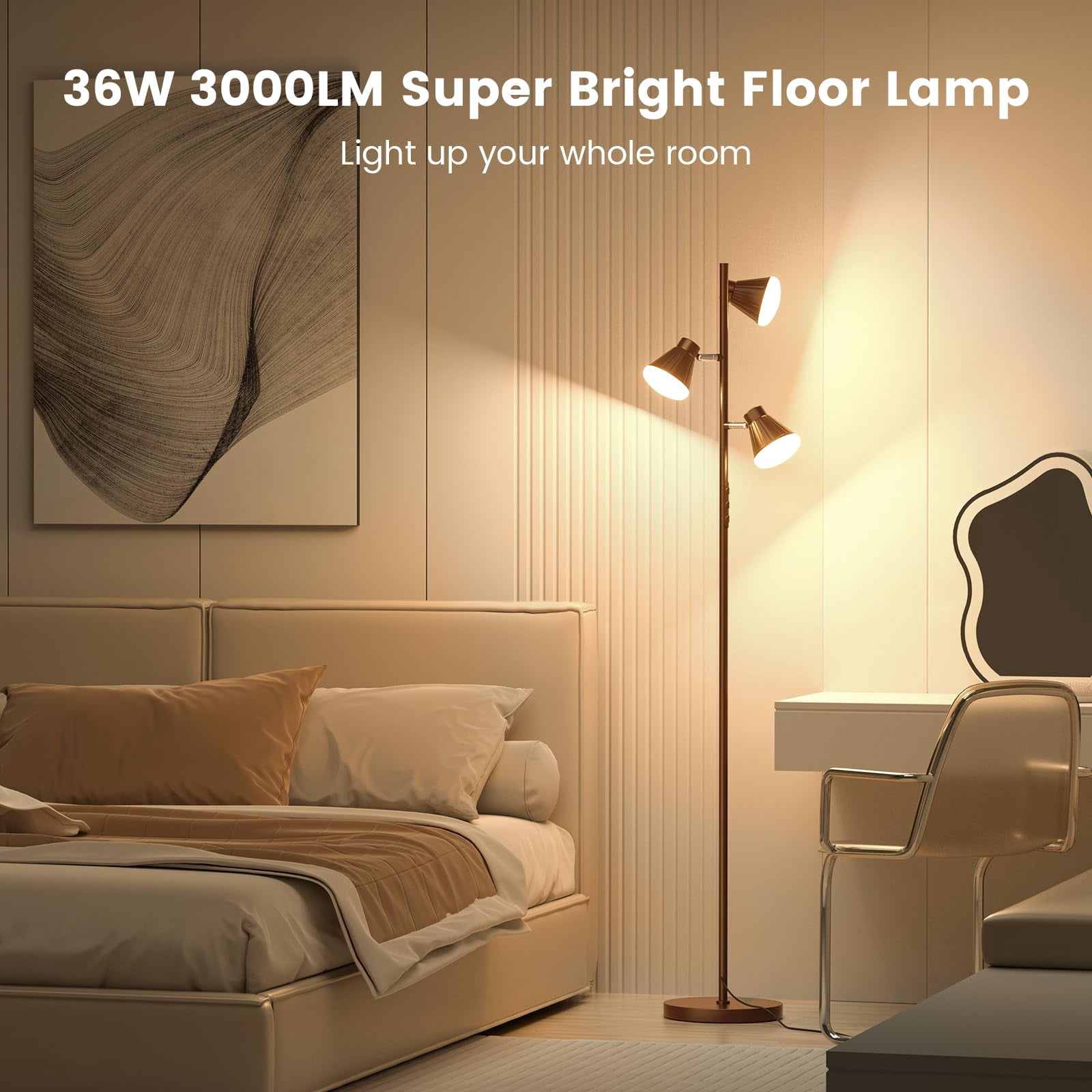 36W LED Tree Floor Lamp, Dimmable Tall Standing Lamp with Remote & Touch Control, 4 Color Temperatures Bright Floor Lamp, 3 Rotatable Light Modern Floor Lamps for Living Room Bedroom Office