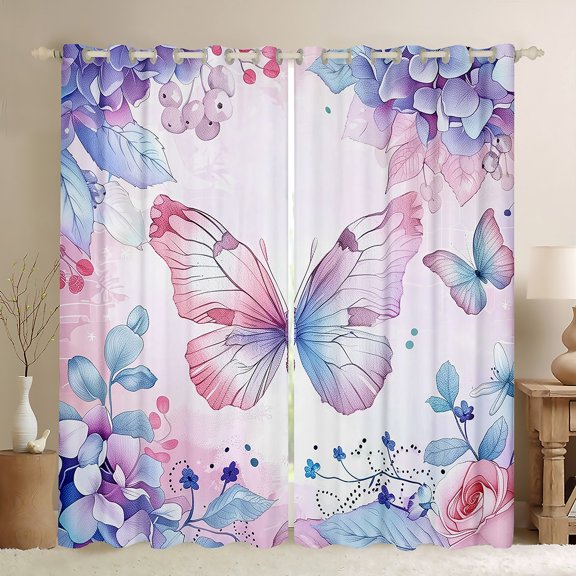 Manfei Chic Butterfly Black Out Curtains,Natural Botanical Leaf Curtains Pack of 2 (42x63 Each),Gradient Pink Blue Bedroom Curtains For Girls Kids,Breathable Home Decor