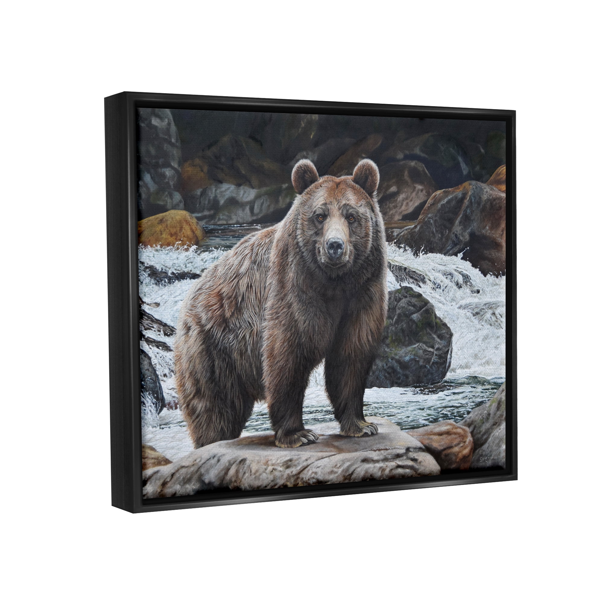 Stupell Industries Grizzly Bear by Waterfall Animals & Insects Painting Black Floater Framed Art Print Wall Art, 31 x 25
