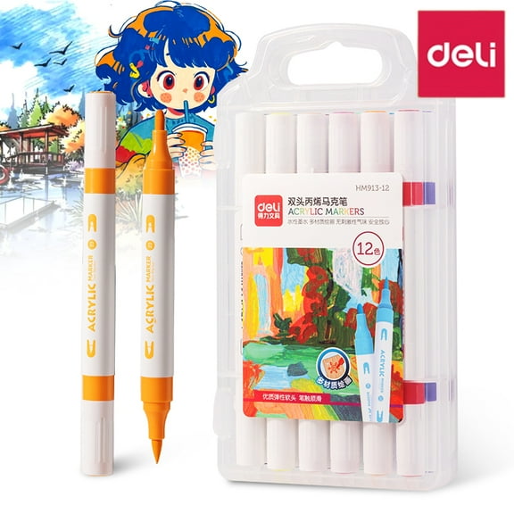 Deli Dual Tip Quick Drying Acrylic Marker Pens, Paint Pens for Wood, Rock, Canvas, 12 Count