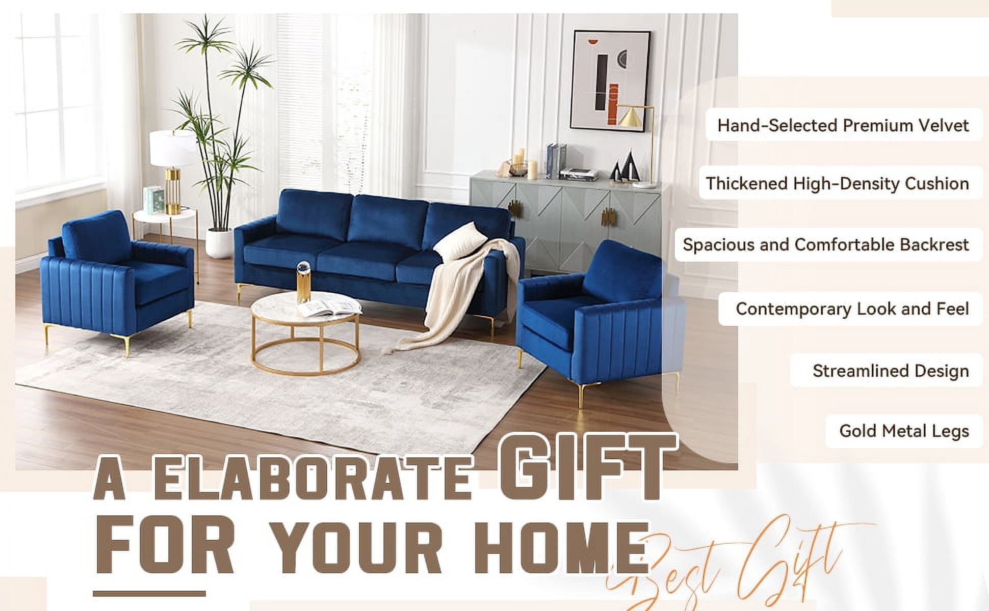 Muumblus 3 Pieces Velvet Living Room Furniture Sets, Modern Two Single Sofa Chairs and One 3-Seater Sofa Couch, Navy Blue