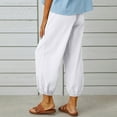 thumbnail image 4 of Women's Cotton Linen Plus Size Capri Pants Elastic High Waist with Pocket Solid Summer Loungewear Pants 2025 White 02,S, 4 of 7