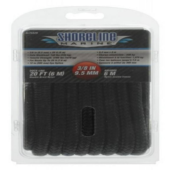 Shoreline Marine Double Braided Nylon Dock Line, 3/8 in x 15 ft, Black