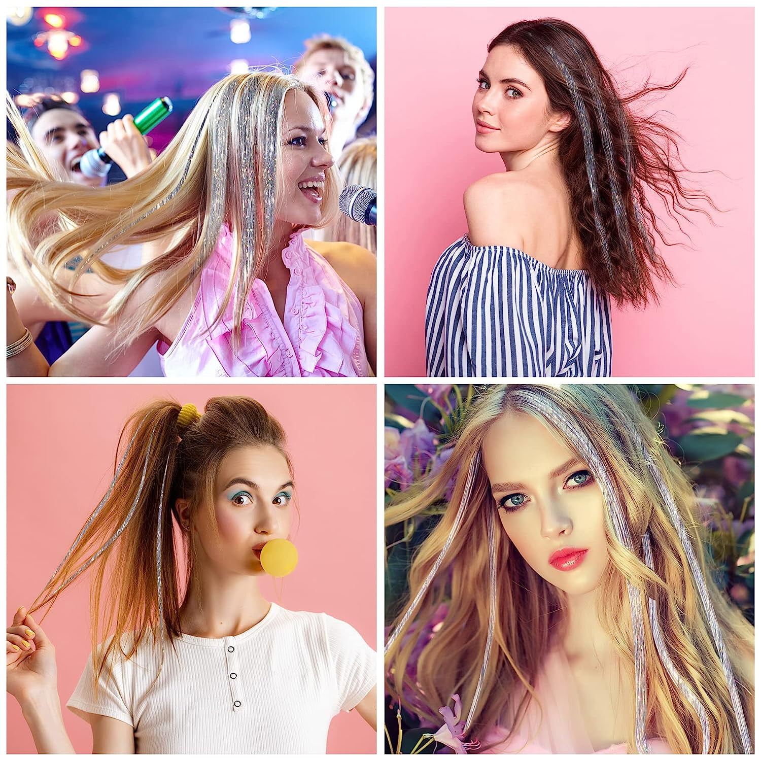 Wennalife Brightwhite Feeënhaar Klatergoud Glitter Extensions, Hittebestendig, 48 Inch/122 cm, 1200 Strengen, Feestaccessoires voor Gekleurd Haar, Party Cosplay