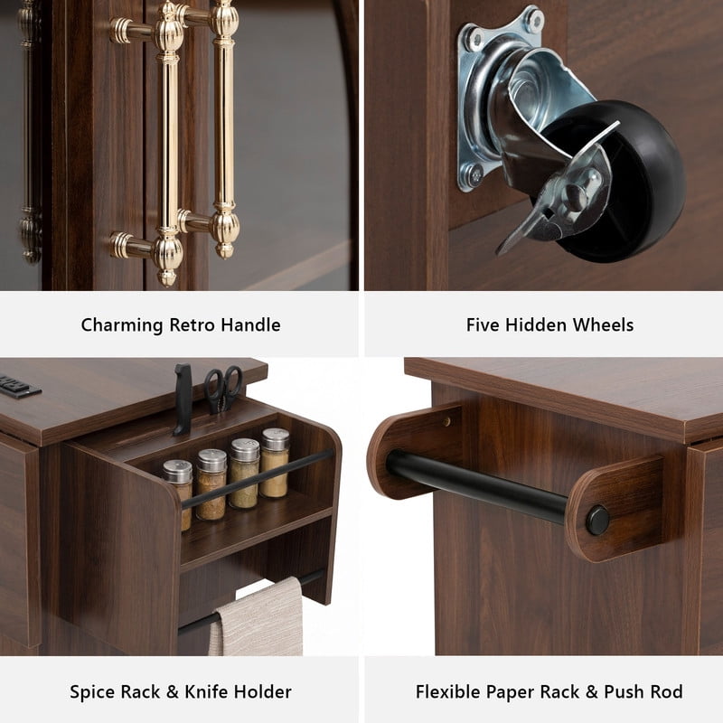 Rolling Kitchen Island Cabinet with Drawers & Drop Leaf, Storage Cart on Wheels with Arched Glass Doors, Power Outlet & Spice Rack