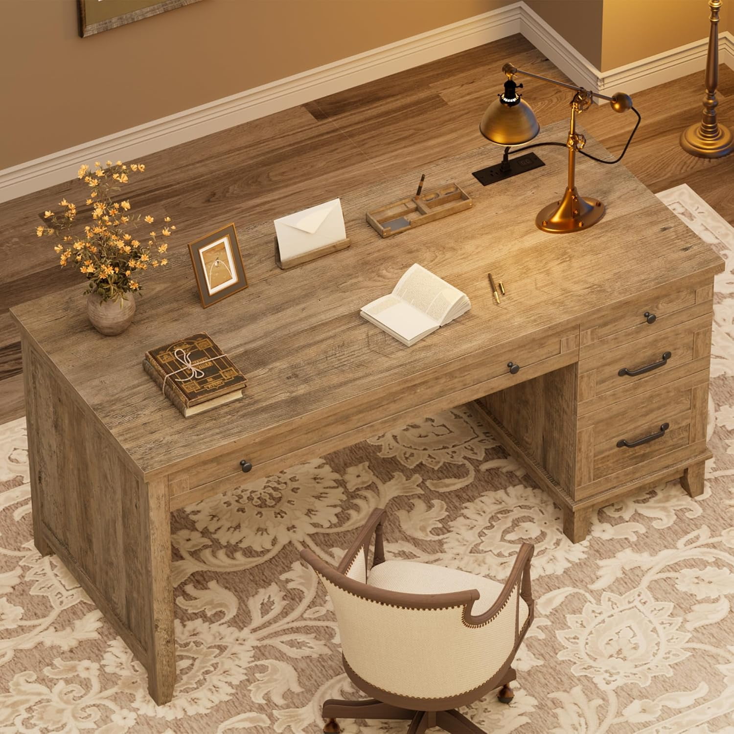 53.5" Farmhouse Home Office Desk with File Cabinet, Wooden Executive Desk with Power Outlet, Work Desk with Drawers, Traditional Wood Desk for Home and Office, Gray