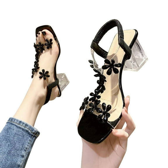 Mepaouo Women's Heeled Sandals Clear Flower Pumps Square Open Toe Slingback Dress Shoes Black Size 8.5