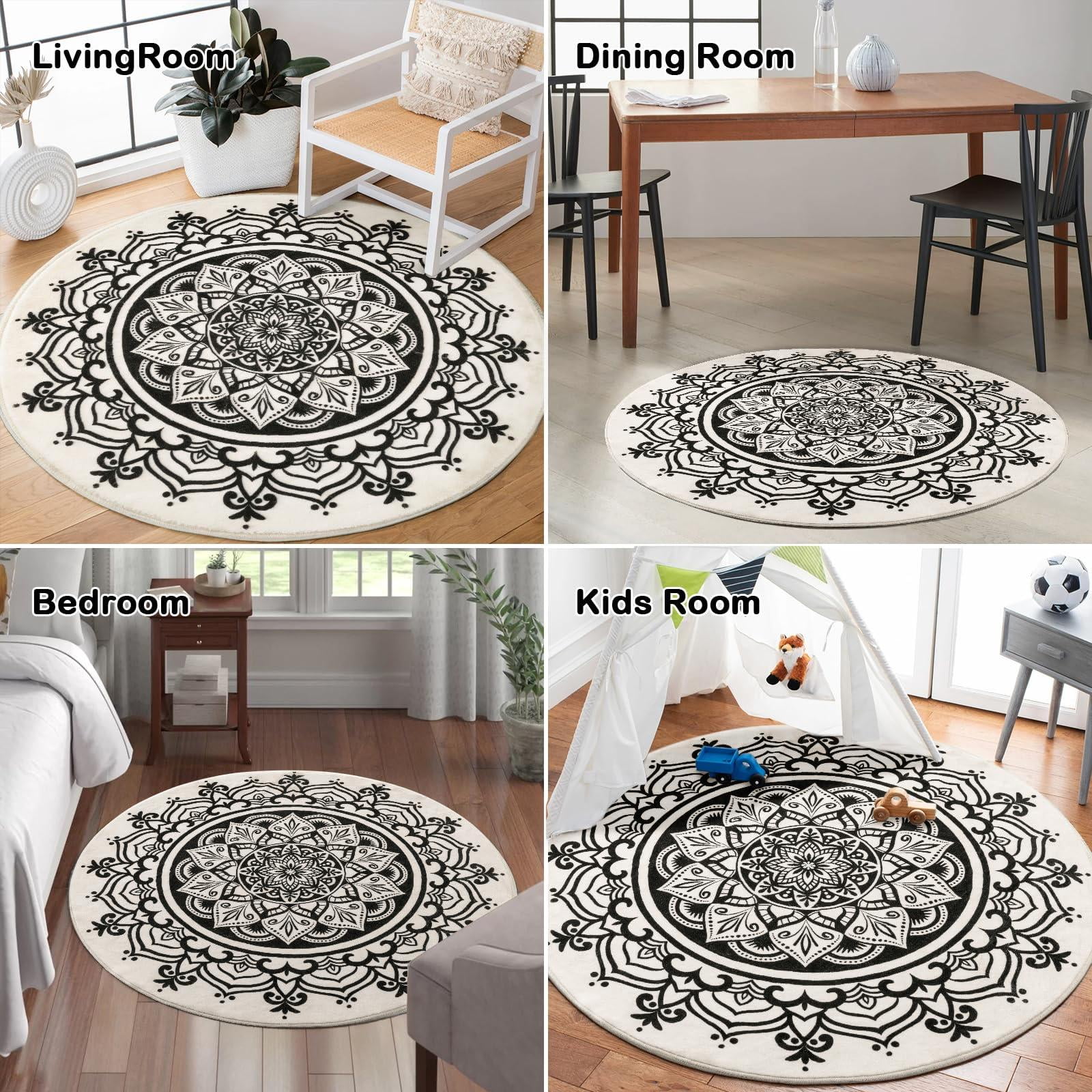 Carvapet Round Area Rug for Living Room, Non Slip Machine Washable Bathroom Rugs, Extra Soft Rugs for Bedroom, Boho Mandala Print Circle Rugs, 5ft Round Beige and Black