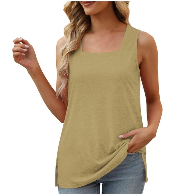 UPPADA Womens Square Collar Tank Top Ruffled Color Block Striped Tank Tees Summer Casual Loose Fit Sleeveless Shirt Square Neck Tank Top Casual Flowy Beach Tops Past Orders Placed by Me Khaki,XXL