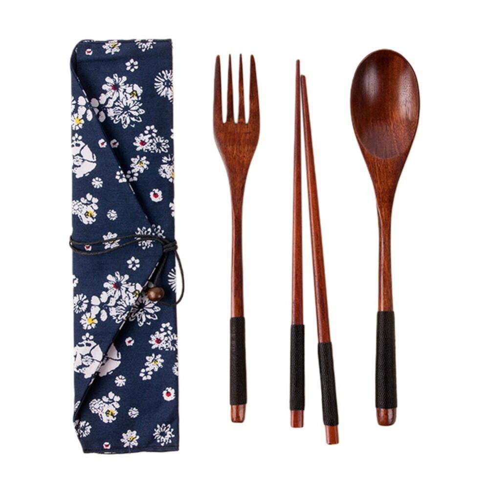 Cutlery Set Japanese Style Spoon Fork Chopsticks  Cloth Bag Natural Wooden 