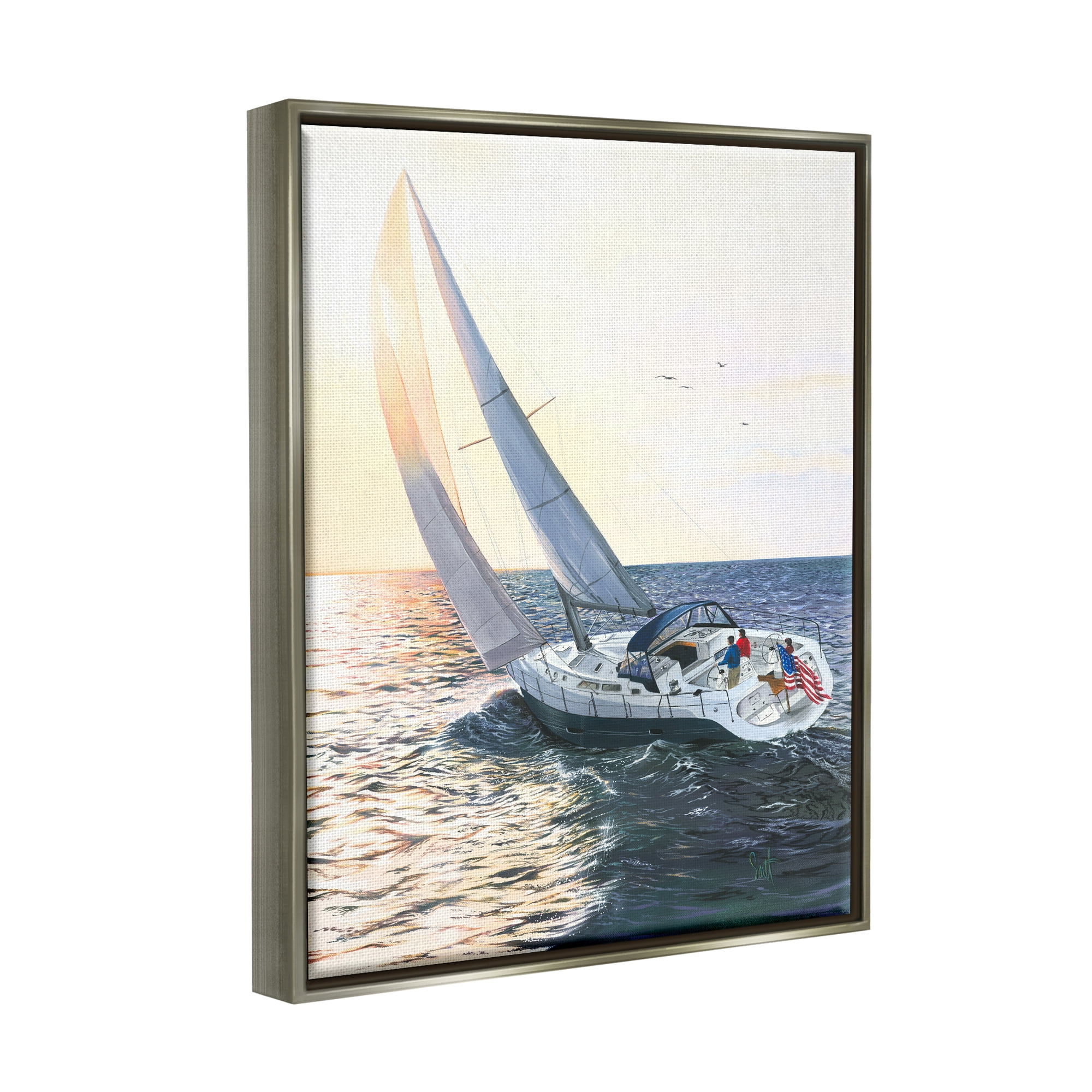 Stupell Industries Boating at Sunrise Transportation Painting Gray Floater Framed Art Print Wall Art, 17 x 21
