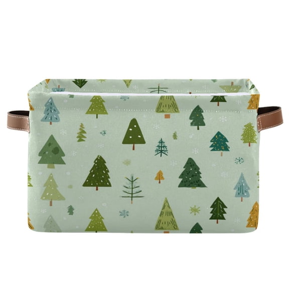 1-Pack Square Closet Organizers with Handles Open Basket Bins Green Christmas Trees and Snowflakes Storage Basket for Home Office