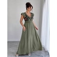 thumbnail image 3 of Army Green Womens Maxi Dress With Embroidered Floral V-Neck, Ruffled Cap Sleeves, Shirred Waist, 3 of 5