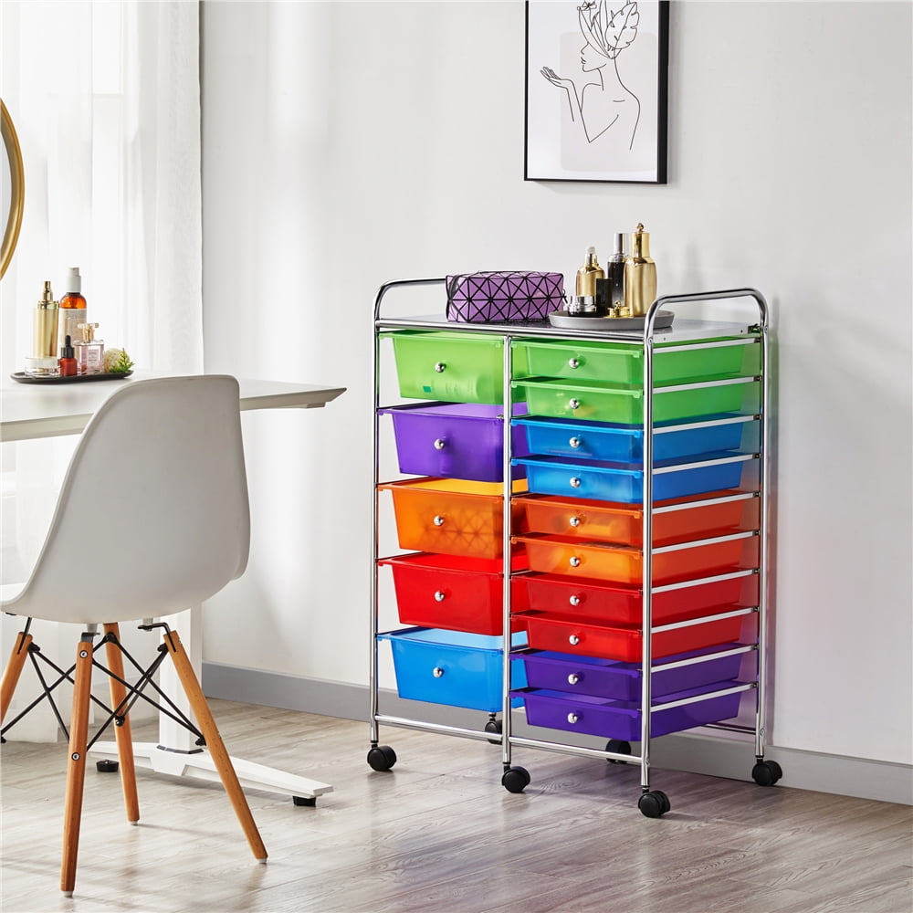 Yaheetech 15 Drawers Rolling Storage Cart Bin Organizer Metal Frame Plastic Drawers, Multicolor