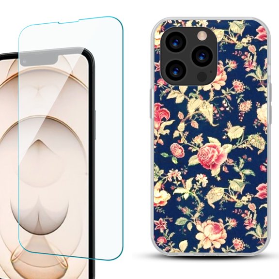Slim-Fit Anti-Scratch Gel TPU Phone Case for iPhone 13 Pro, with Tempered Glass Screen Protector, by OneToughShield ® - Floral Garden