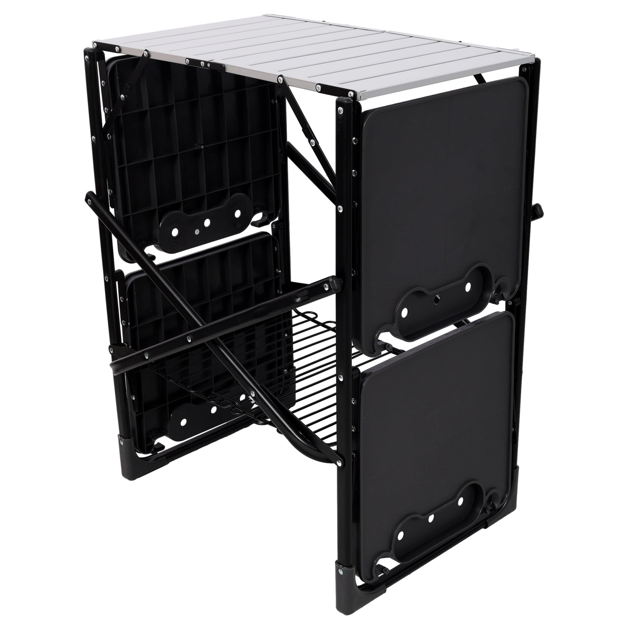 Leumius Portable Camping Kitchen Table with Heat Resistant Top,Folding Outdoor Cooking Station with 4 Side Tables,Storage Rack for Picnics,Camping,Trips,Black