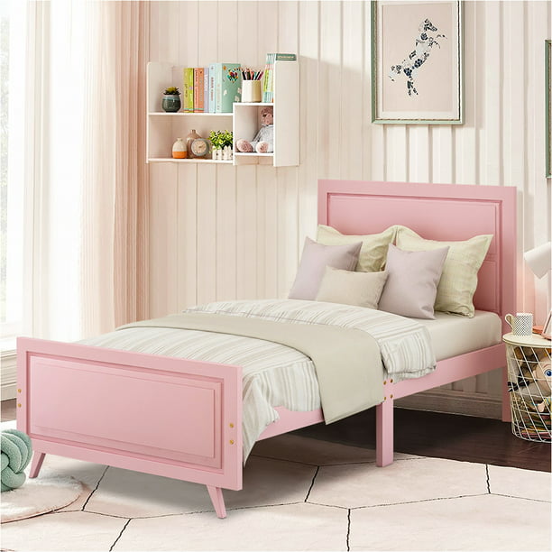 Pink Twin Bed Frame for Girls Pretty Platform Frame with Headboard, Heavy Duty Wood