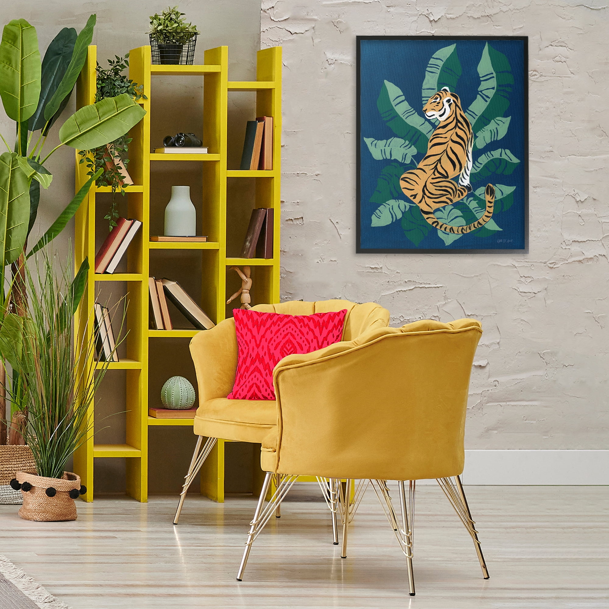 Stupell Industries Tiger Sitting over Palms Animals & Insects Painting Black Framed Art Print Wall Art, 24 x 30