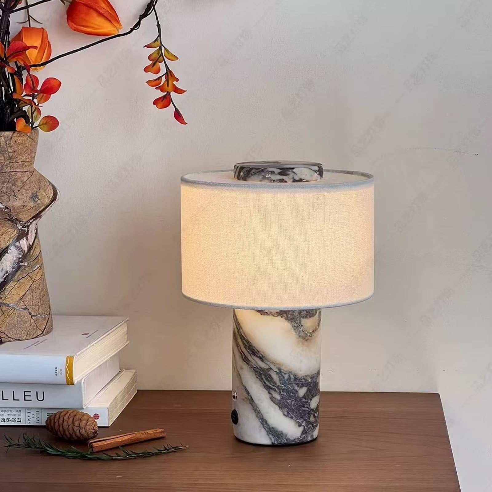 Marble Luxury Stone Rechargeable Touch Table Lamp, Cylindrical Shape, Linen Cloth Fiber Lampshade, High-End and Light Luxury, Bedroom Bedside Table Night Light（Black, White）