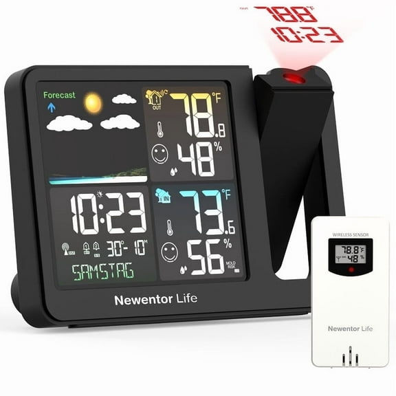 Newentor Projection Alarm Clock with Weather Station, Weather Station for Home with 1 Outdoor Sensor, Wireless Indoor Outdoor Humidity Thermometer with Dual Alarm Clock, Weather Forecast, Black