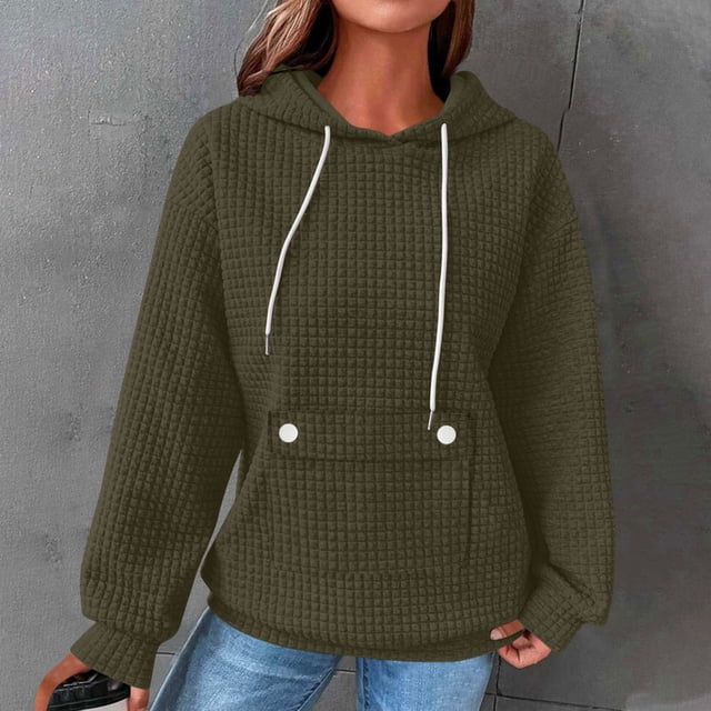 HongQid Womens Hoodies Casual Long Sleeve Drawstring Waffle Pullover Tops Loose Hooded Sweatshirt with Pocket
