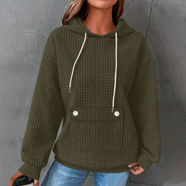 HongQid Womens Hoodies Casual Long Sleeve Drawstring Waffle Pullover Tops Loose Hooded Sweatshirt with Pocket