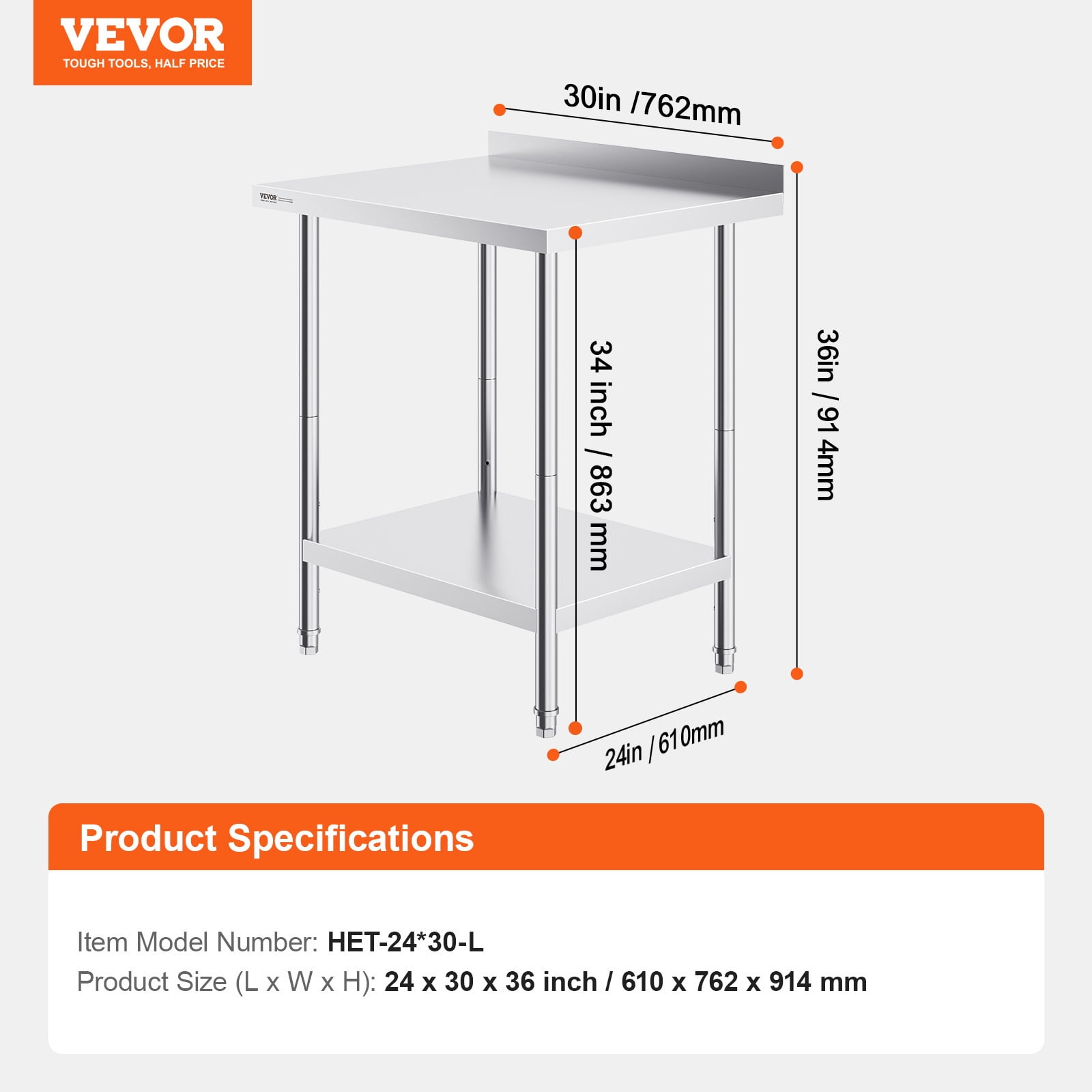 VEVOR 24 x 30 x 36 Inch Stainless Steel Work Table, Commercial Food Prep Worktable Heavy Duty Prep Worktable, Metal Work Table with Adjustable Height for Restaurant, Home and Hotel