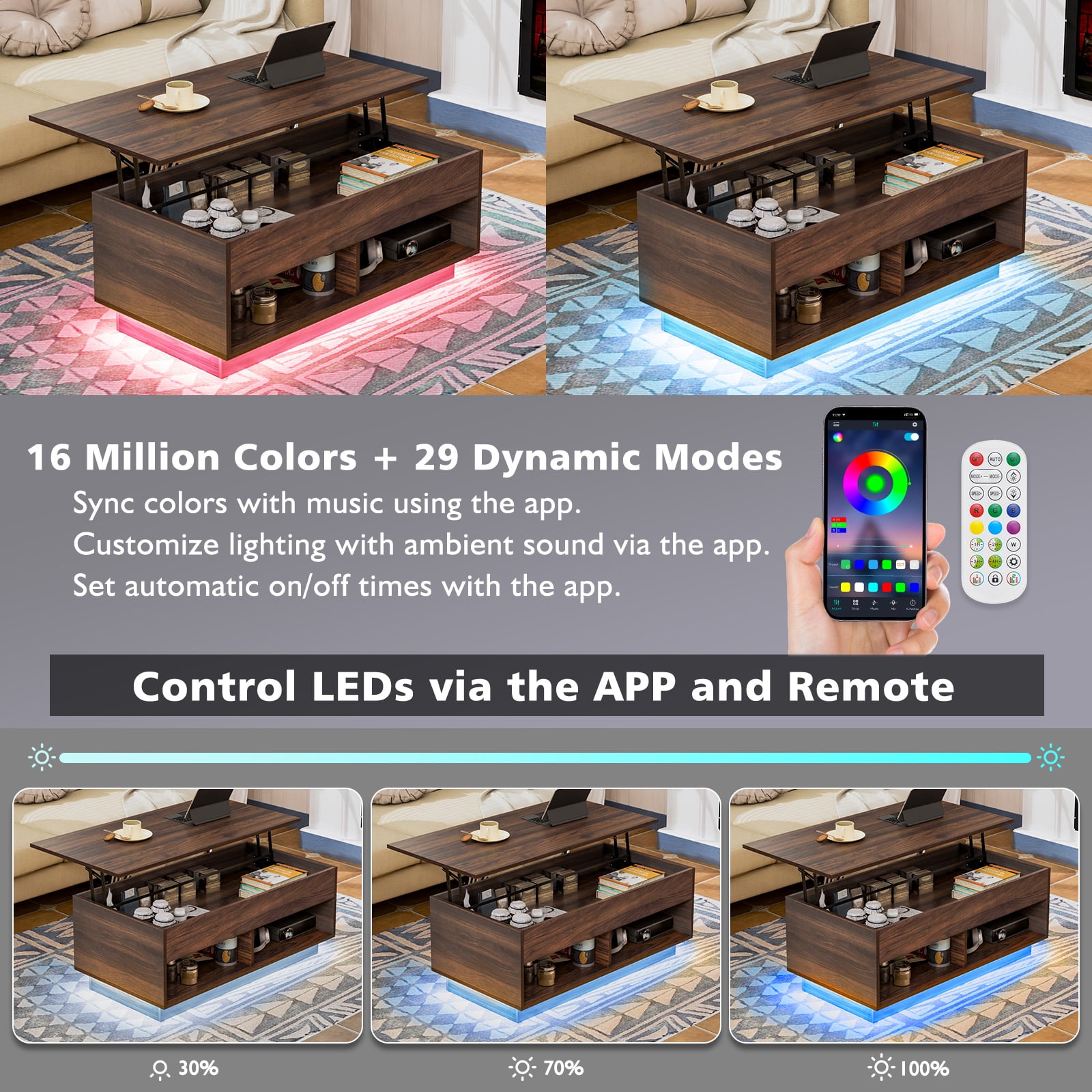 Hommpa Lift Top Coffee Table with Hidden Compartment LED Coffee Tables Dark Walnut Center Rising Cocktail Table for Living Room Accent Furniture