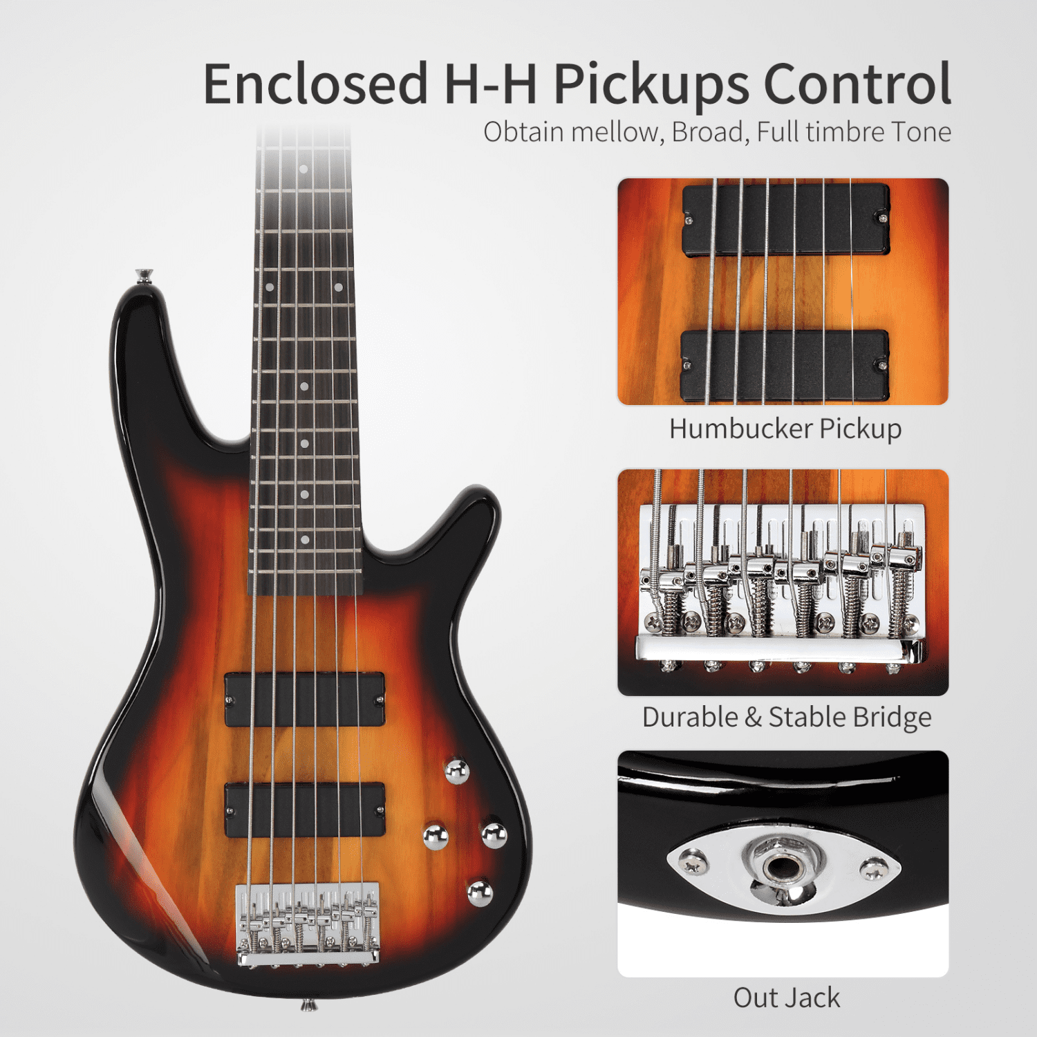 Hassch Electric Bass Guitar, 6 String Beginner Kit with Bag, Strap and Other Accessories, Sunset Color