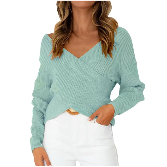 Moda mujer Color sólido manga larga Pullove cuello en V Casual suéter Tops Fridja hjk2275