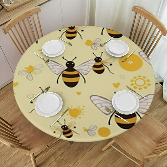 BCIIG Bee Pattern Hearts Round Table Cover, Stain Resistant Washable Kitchen Dining Tablecloth for Indoor Outdoor Parties, 100% Polyester Fabric 31"-35